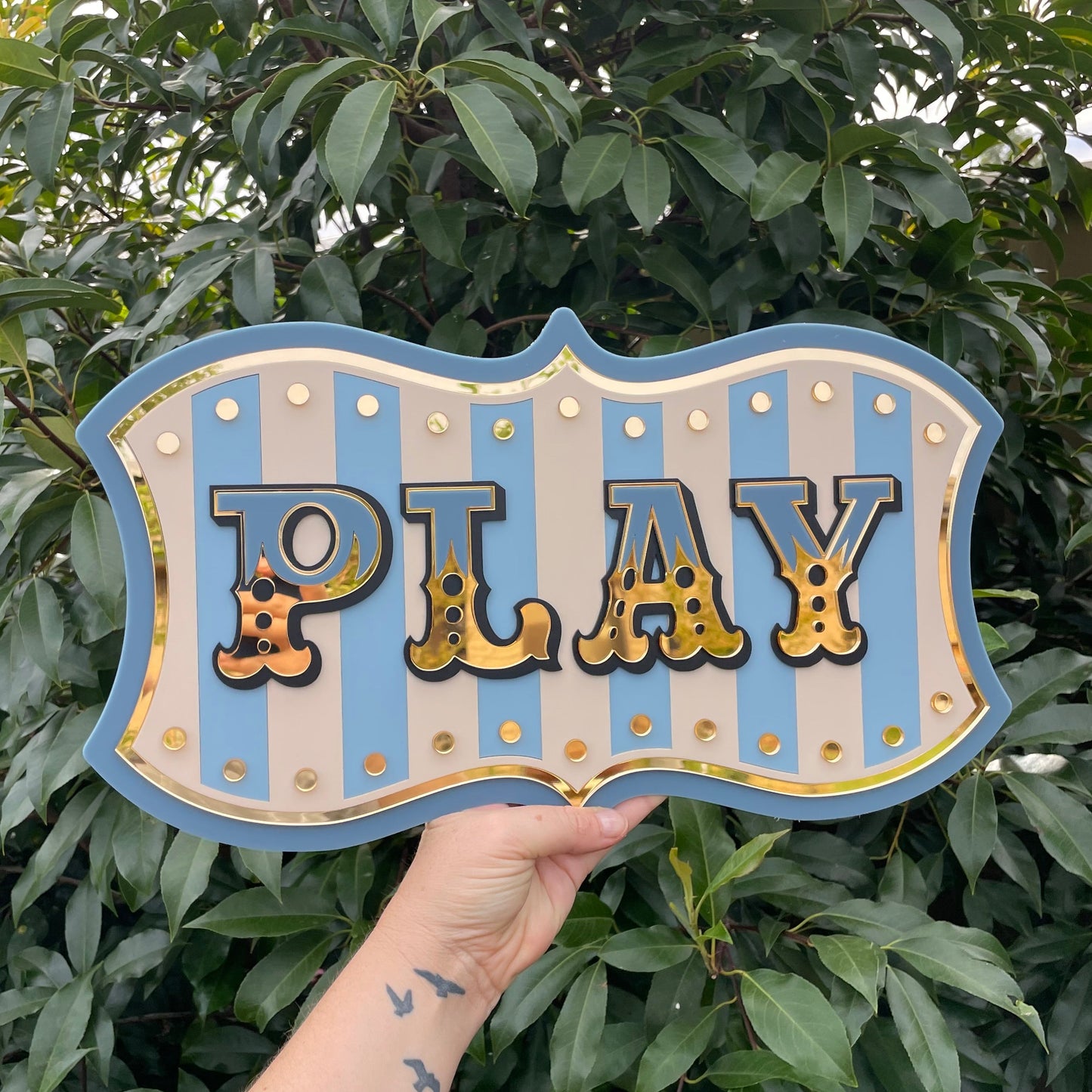 Play Personalised Wall Decor Sign | Whimsical Kids Room & Nursery Wall Art | Layered Acrylic Playroom Sign with Mirror Gold