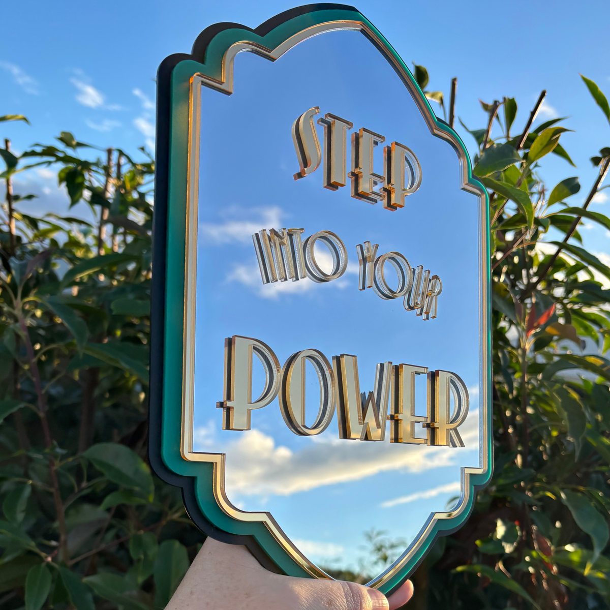 Step Into Your Power mirror wall art in Dark Teal