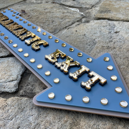 Dramatic Exit Arrow Wall Sign | Statement Wall Decor for Gallery Walls & Entryways | Vintage Marquee Acrylic Sign | Stone Blue Gold