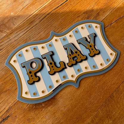 Play Personalised Wall Decor Sign | Whimsical Kids Room & Nursery Wall Art | Layered Acrylic Playroom Sign with Mirror Gold