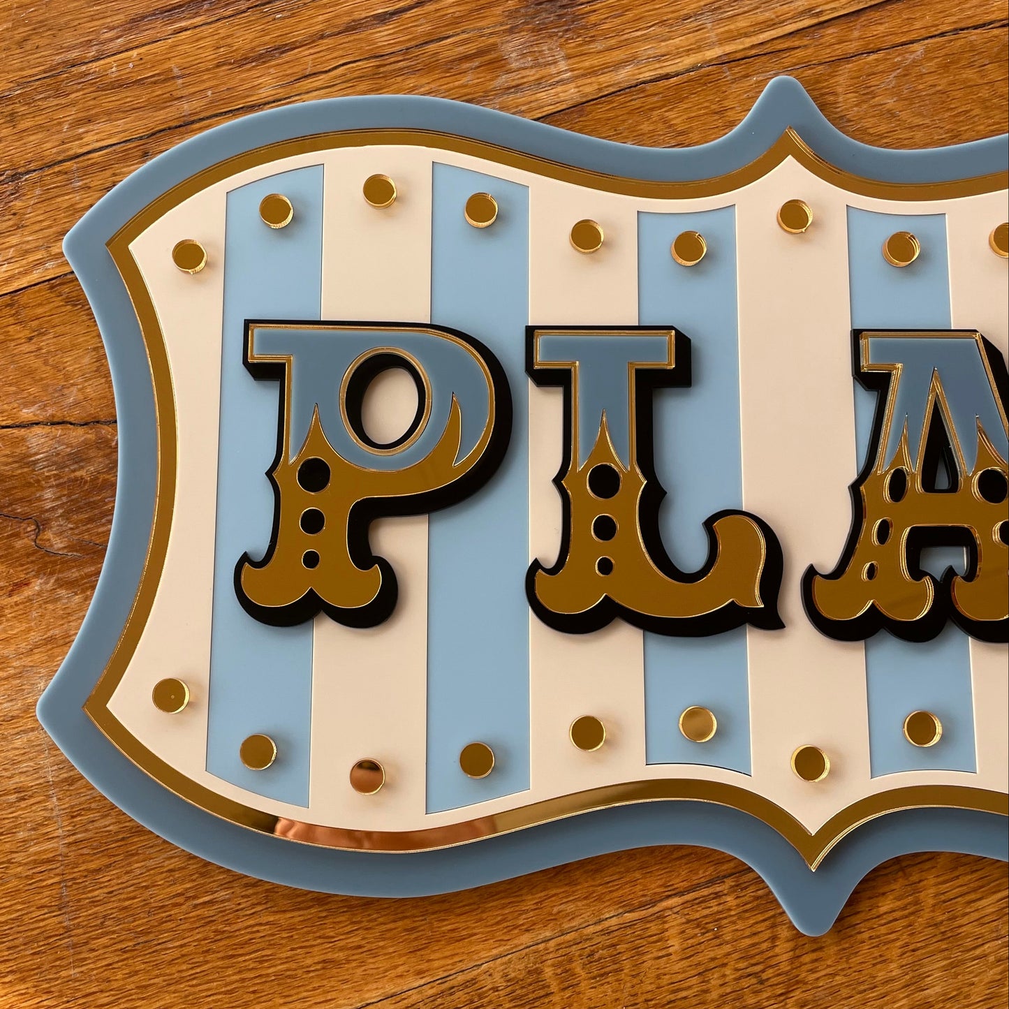 Play Personalised Wall Decor Sign | Whimsical Kids Room & Nursery Wall Art | Layered Acrylic Playroom Sign with Mirror Gold