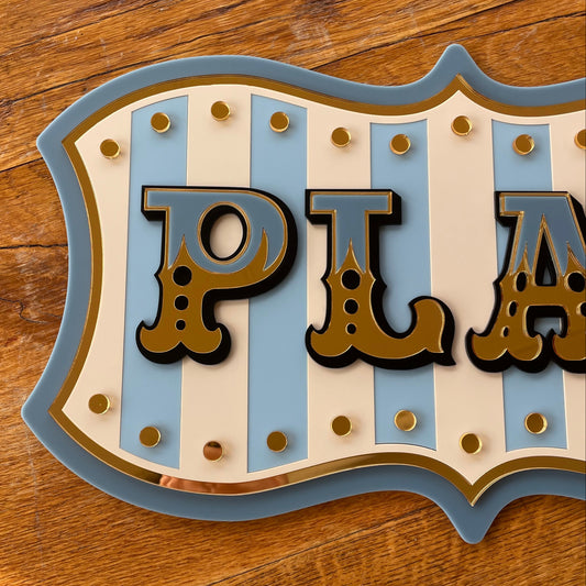 Play Wall Decor Sign | Whimsical Kids Room & Nursery Wall Art | Layered Acrylic Playroom Sign with Mirror Gold