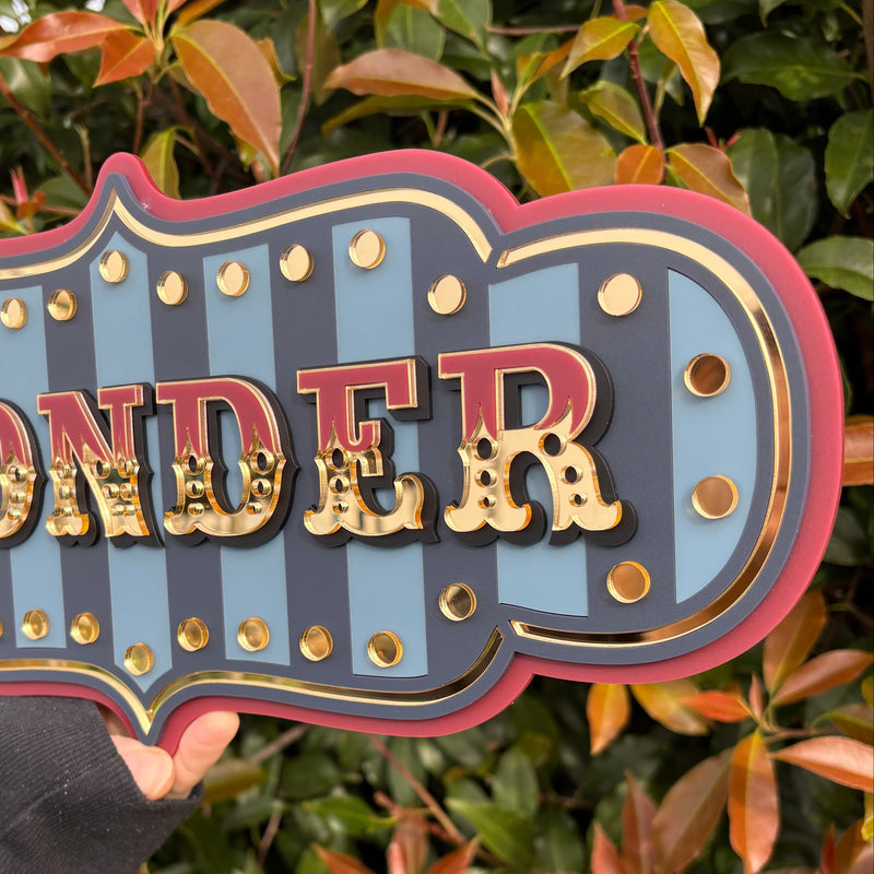 Wonder layered acrylic wall sign with mirror gold details, whimsical statement wall decor for reading nooks, playrooms and kids' bedroom