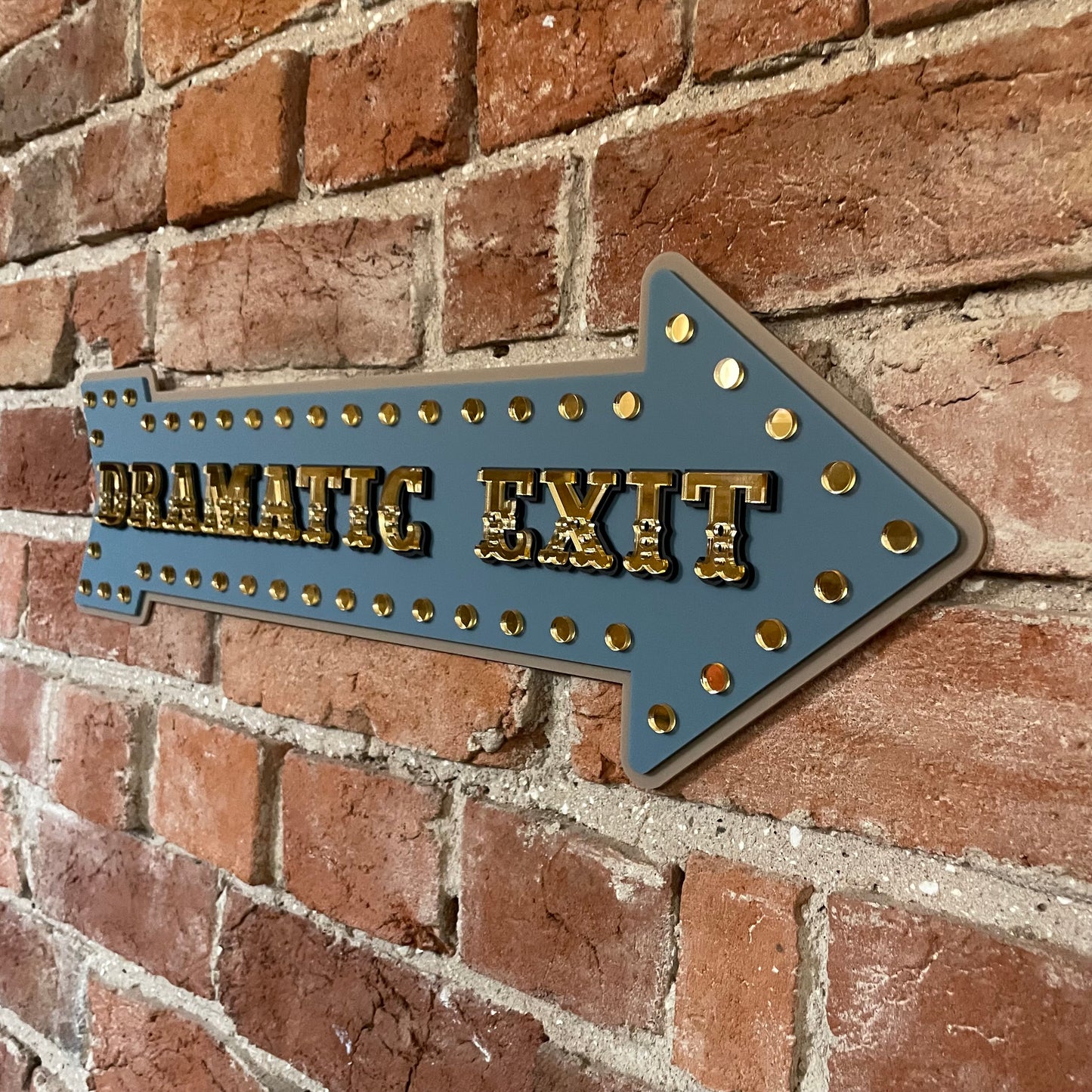 Dramatic Exit Arrow Wall Sign | Statement Wall Decor for Gallery Walls & Entryways | Vintage Marquee Acrylic Sign | Stone Blue Gold