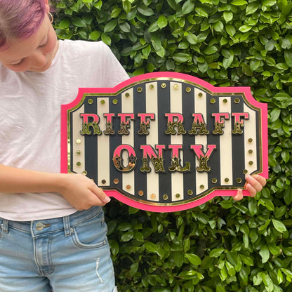 Riff Raff Only Wall Decor Sign | Hot Pink Bold Statement Wall Art | Vintage Marquee Sign for Gallery Walls, Bedrooms & Creative Spaces