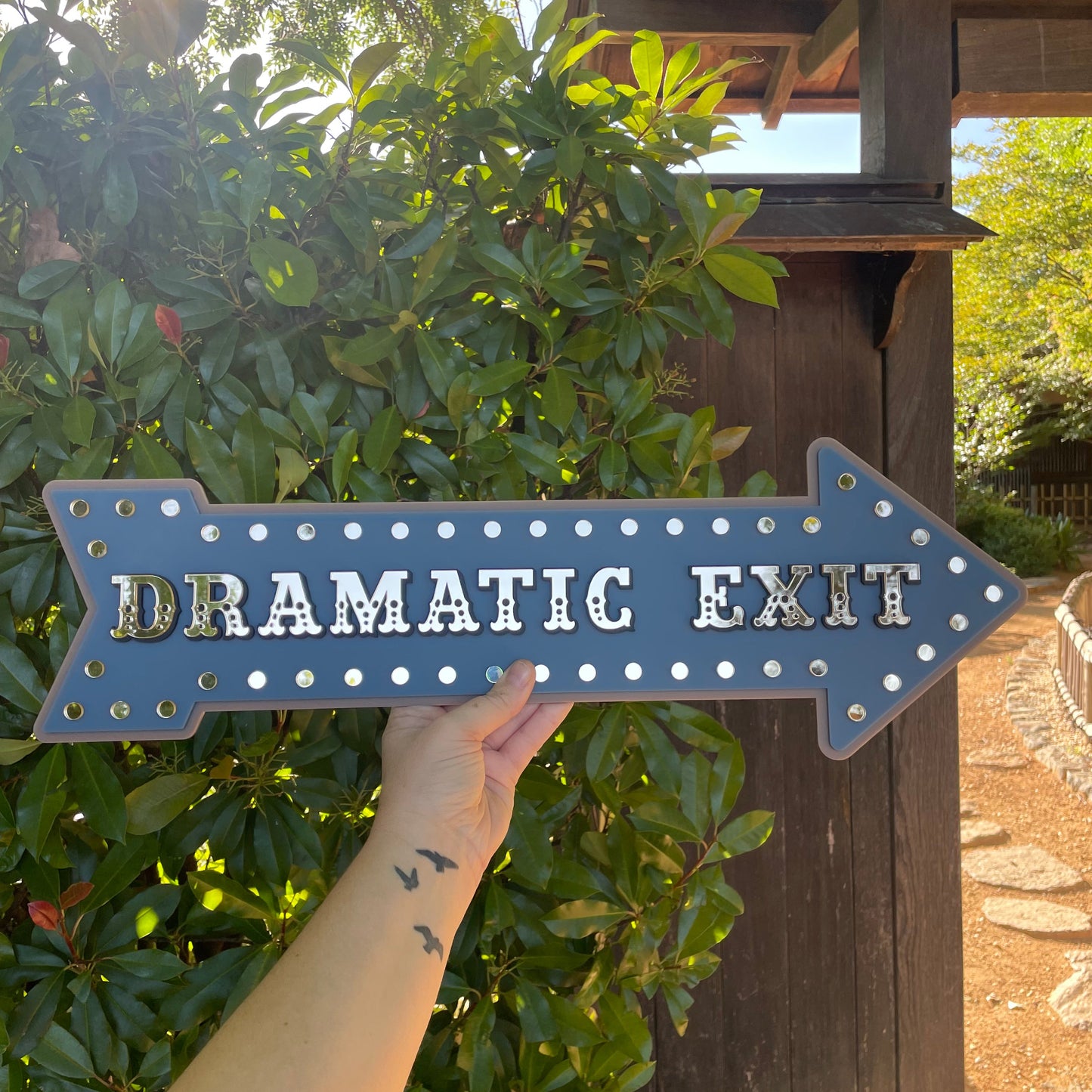 Dramatic Exit Arrow Wall Sign | Statement Wall Decor for Gallery Walls & Entryways | Vintage Marquee Acrylic Sign | Stone Blue Gold