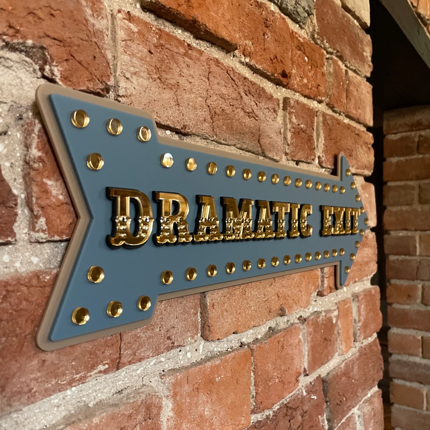 Dramatic Exit Arrow Wall Sign | Statement Wall Decor for Gallery Walls & Entryways | Vintage Marquee Acrylic Sign | Stone Blue Gold