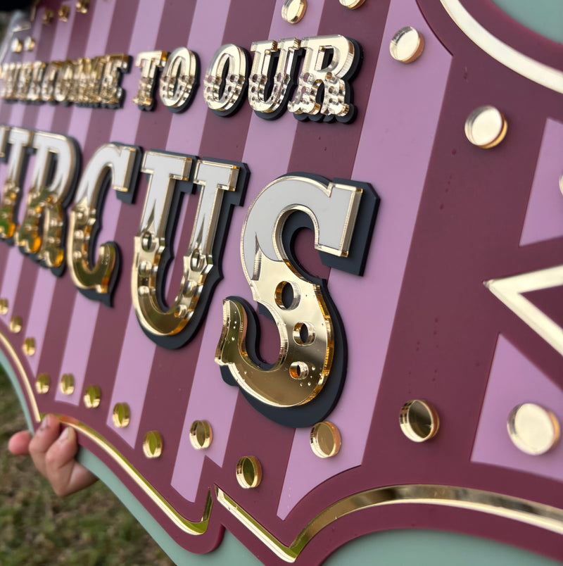 Welcome to Our Circus layered acrylic wall sign with vintage marquee style, whimsical statement decor for family homes, playrooms and entryways.