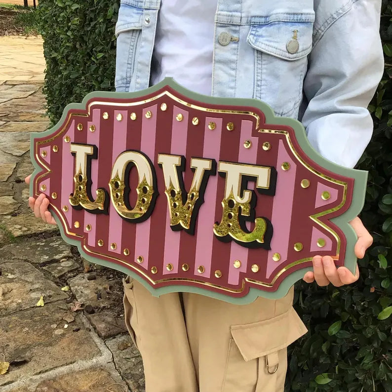 Love Wall Decor Sign | Statement Wall Art for Bedroom, Entryway & Gallery Walls | Layered Acrylic Marquee Sign with Mirror Gold
