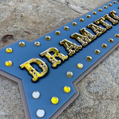 Dramatic Exit Arrow Wall Sign | Statement Wall Decor for Gallery Walls & Entryways | Vintage Marquee Acrylic Sign | Stone Blue Gold
