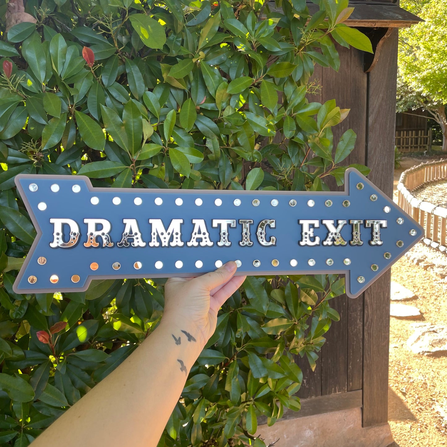 Dramatic Exit Arrow Wall Sign | Statement Wall Decor for Gallery Walls & Entryways | Vintage Marquee Acrylic Sign | Stone Blue Gold