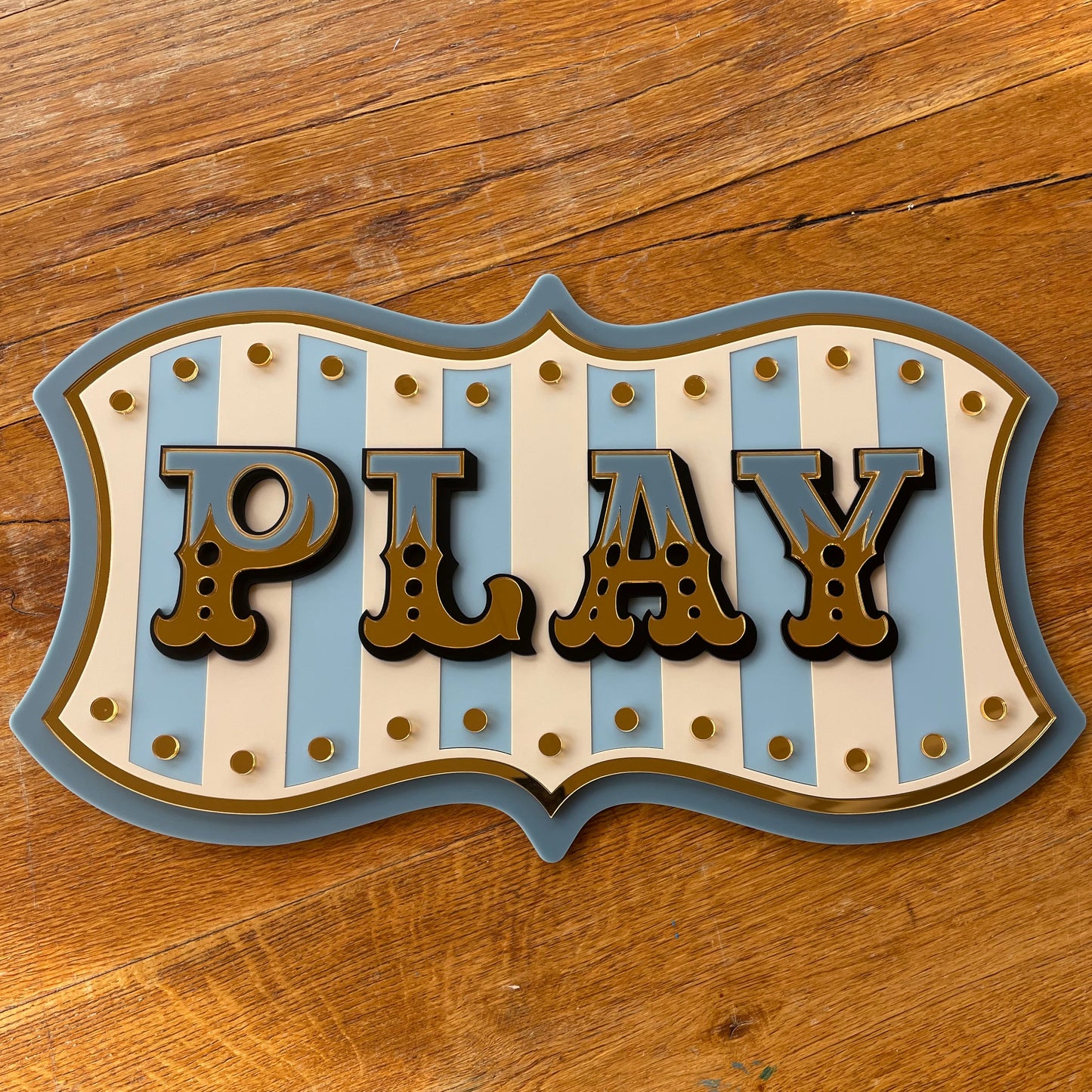 Play Personalised Wall Decor Sign | Whimsical Kids Room & Nursery Wall Art | Layered Acrylic Playroom Sign with Mirror Gold